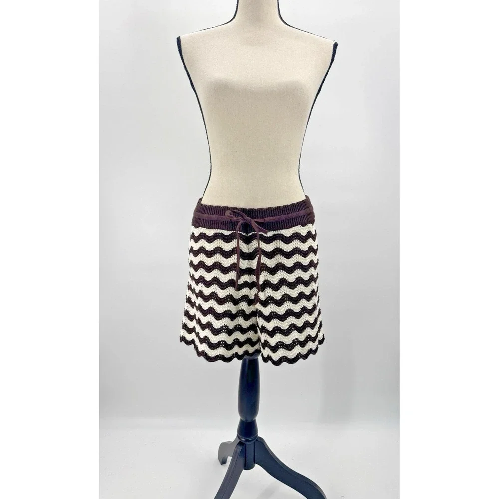 ME+EM Stripe Scallop Knit Shorts Cotton Crochet Small Drawstring Beach Boho Fest - Picture 3 of 12